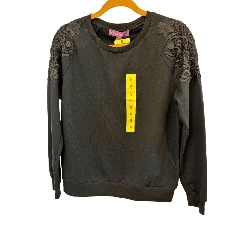 Gloria Vanderbilt Black Lace Embellished Crew Neck Long Sleeve Sweatshirt S NWT